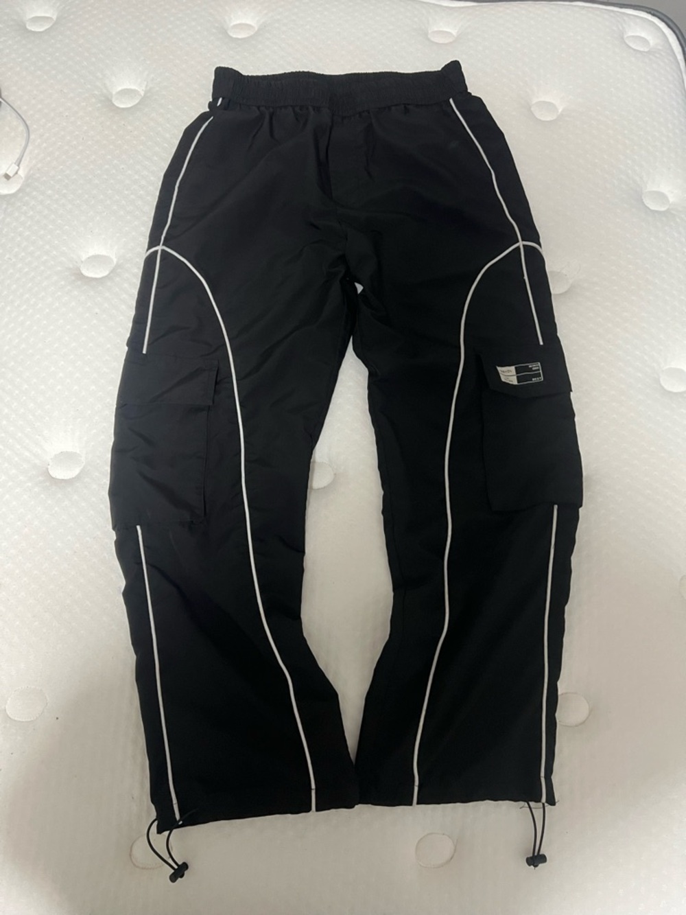 Men's Black Cargo Track Pants with Reflective Piping